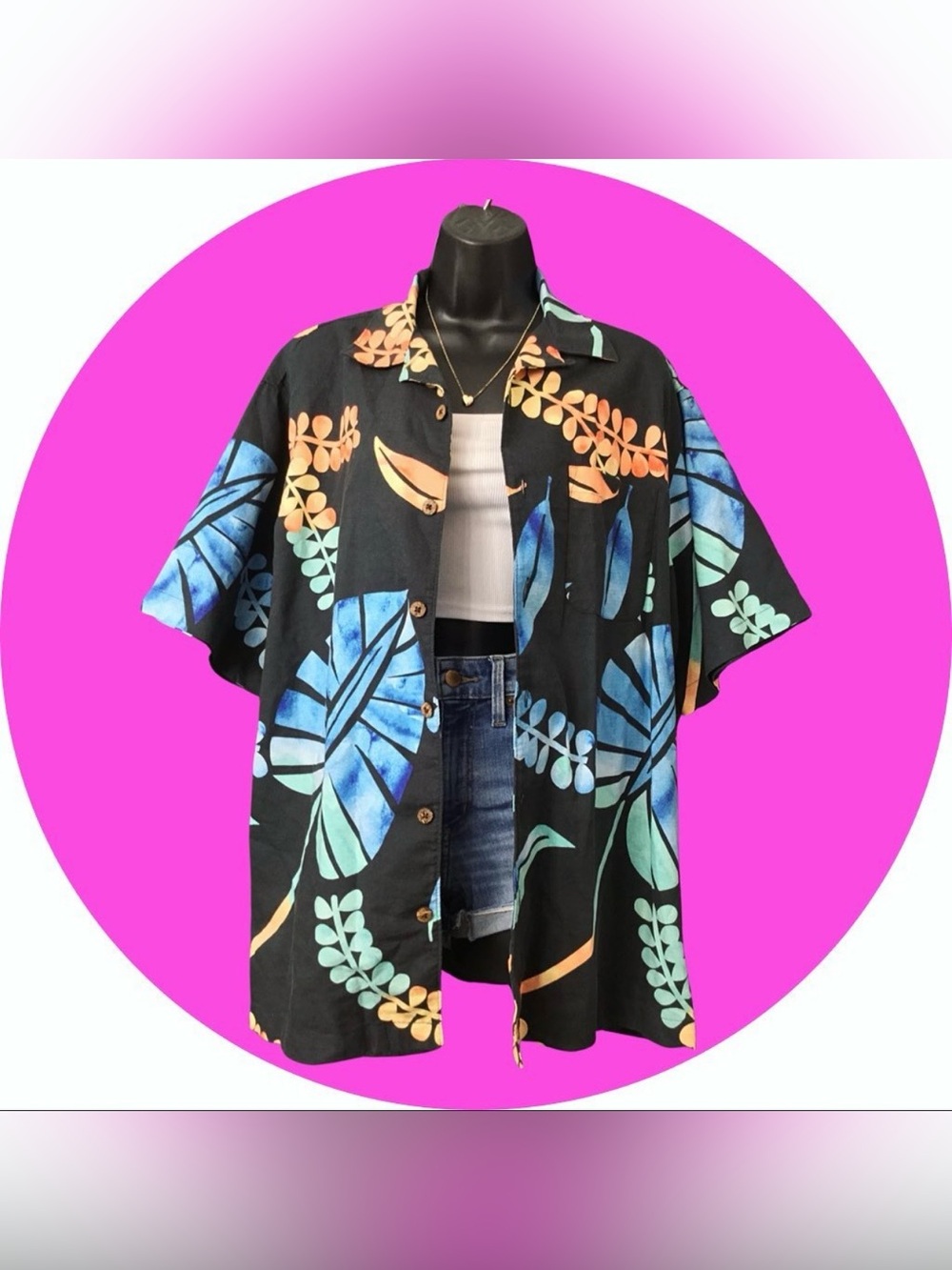Caribbean Black Short-Sleeve Tropical Print Shirt Jacket